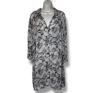 Avenue Floral Chiffon Duster Shirt Semi Sheer Tan White Button Front Women 18/20